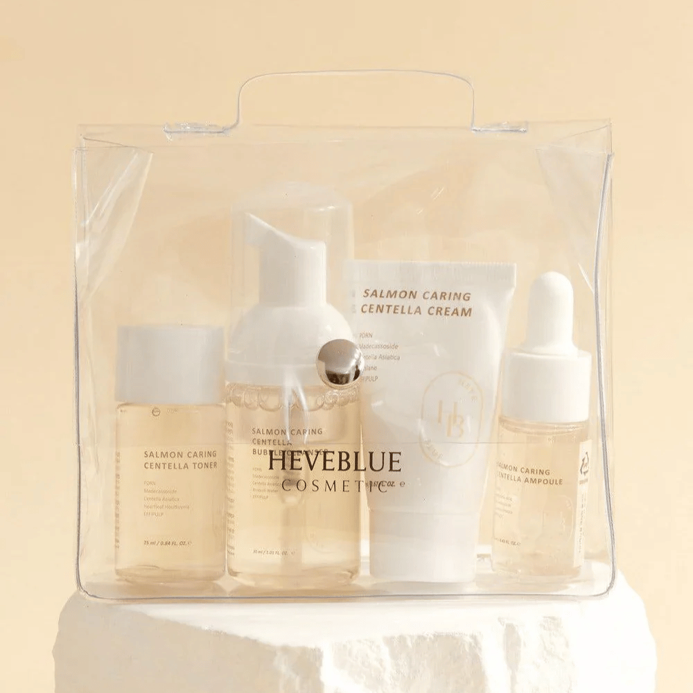 Heveblue Salmon Caring Centella Special Travel Kit – set di cura della pelle coreana con tonico viso, detergente a bolle, crema e ampolla con Centella Asiatica e PDRN dal salmone in confezione da viaggio pratica.