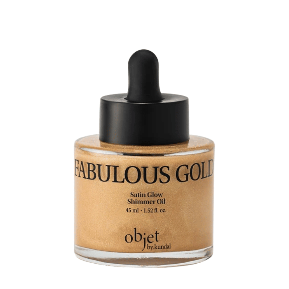Objet by KUNDAL Satin Glow Shimmer Oil Fabulous Gold 45 ml – olio corpo dorato con finitura satinata scintillante per una luminosità radiosa.