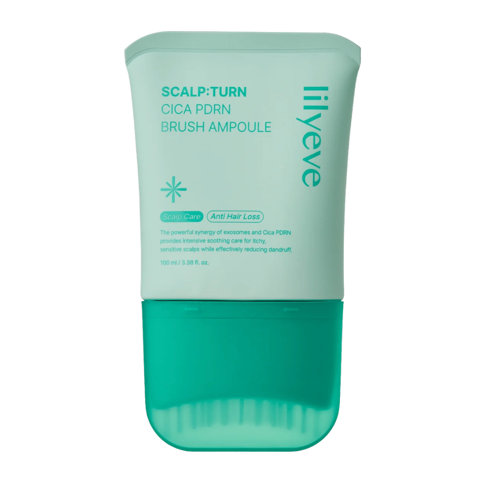 Immagine prodotto scontornata di LILYEVE Scalp:Turn Cica PDRN Brush Ampoule su sfondo bianco. Il design mostra la confezione turchese con applicatore a spazzola integrato per un'applicazione facile direttamente sul cuoio capelluto.