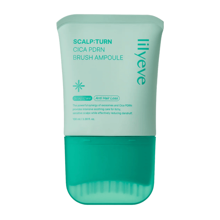 Immagine prodotto scontornata di LILYEVE Scalp:Turn Cica PDRN Brush Ampoule su sfondo bianco. Il design mostra la confezione turchese con applicatore a spazzola integrato per un'applicazione facile direttamente sul cuoio capelluto.