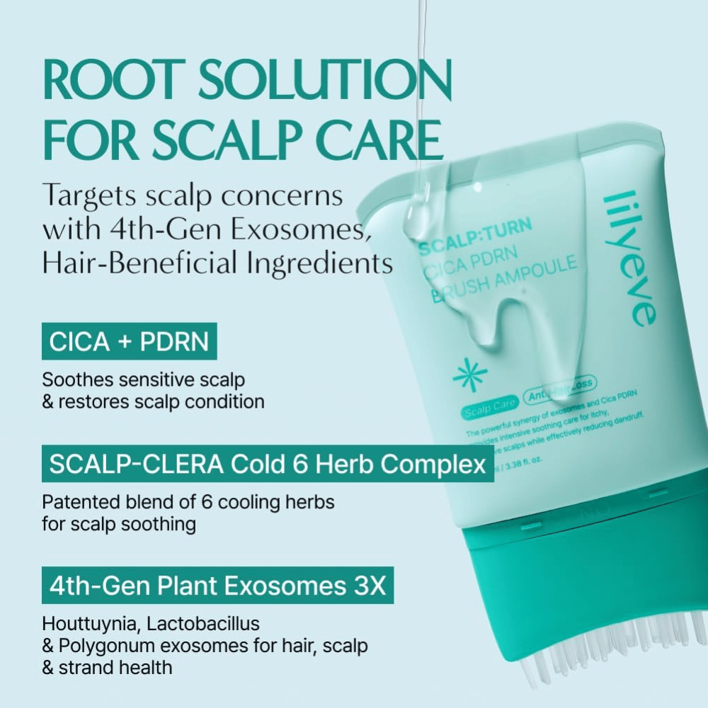 Immagine del prodotto di LILYEVE Scalp:Turn Cica PDRN Brush Ampoule con descrizione degli ingredienti chiave. L'immagine mette in evidenza CICA, PDRN, complesso di erbe rinfrescanti ed esosomi vegetali che aiutano a lenire e prendersi cura del cuoio capelluto sensibile.
