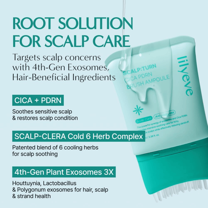 Immagine del prodotto di LILYEVE Scalp:Turn Cica PDRN Brush Ampoule con descrizione degli ingredienti chiave. L'immagine mette in evidenza CICA, PDRN, complesso di erbe rinfrescanti ed esosomi vegetali che aiutano a lenire e prendersi cura del cuoio capelluto sensibile.