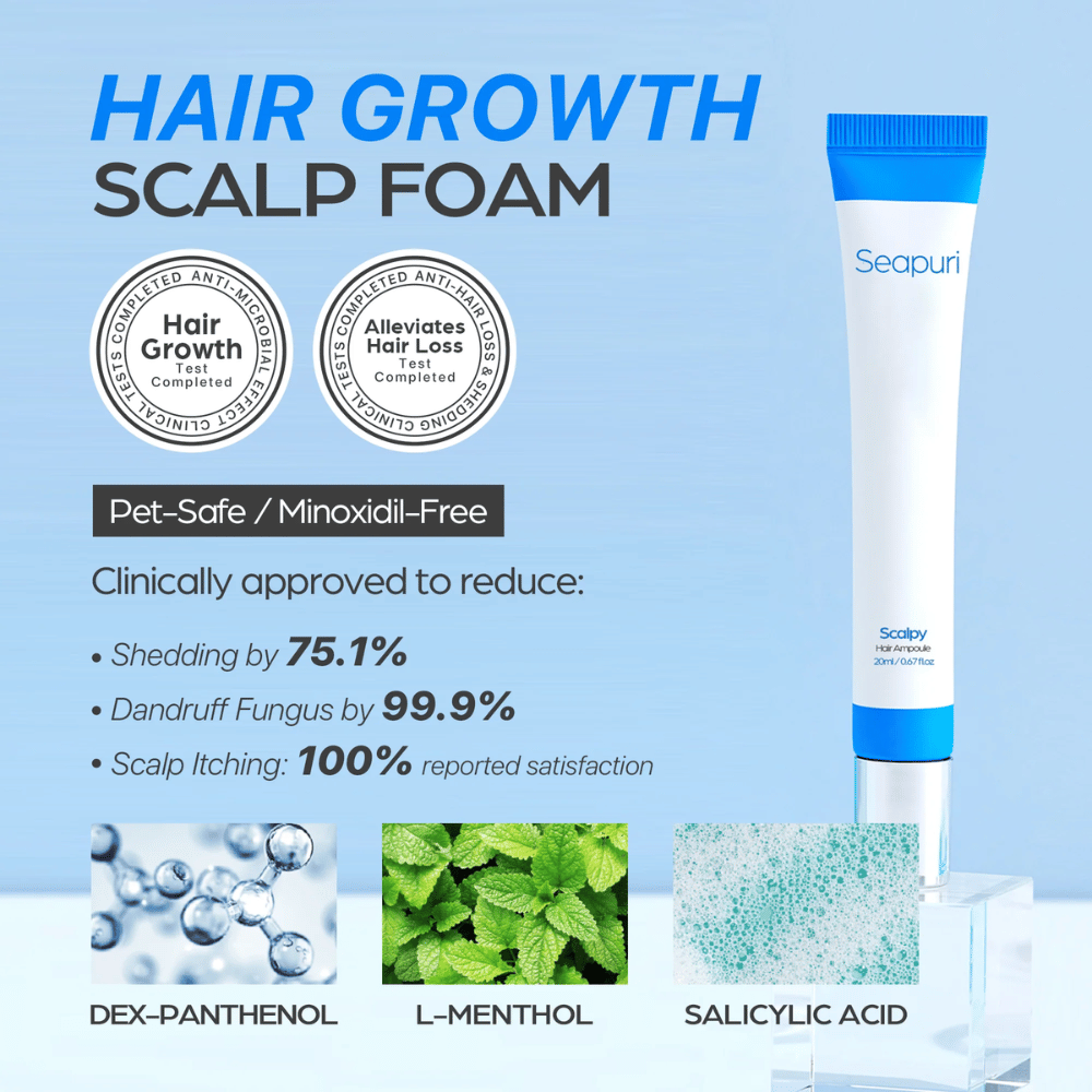 Seapuri Scalpy Hair Serum mostrato con testo che evidenzia l'efficacia clinicamente provata: riduzione della caduta dei capelli e forfora, aumento della crescita dei capelli e cuoio capelluto lenito.