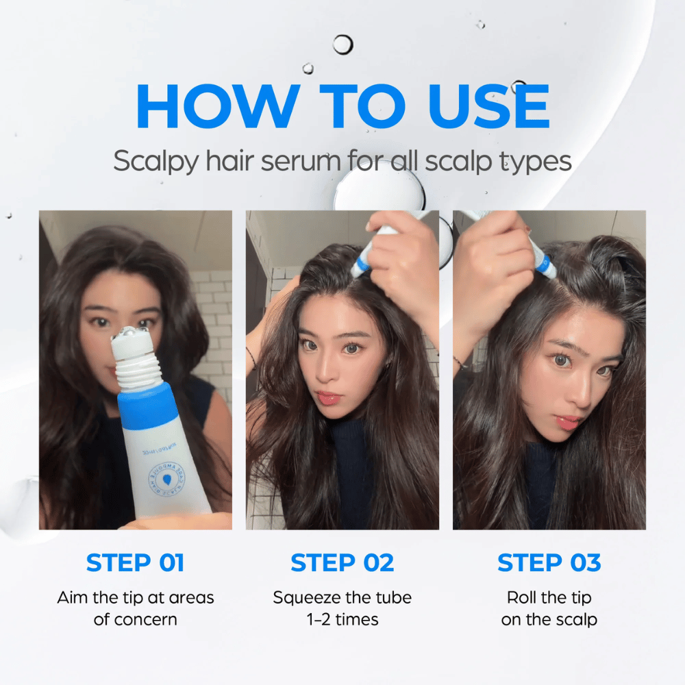 Una donna applica Seapuri Scalpy Hair Serum sul cuoio capelluto. Una guida passo-passo mostra come puntare, premere e far rotolare l'applicatore per ottenere i migliori risultati.