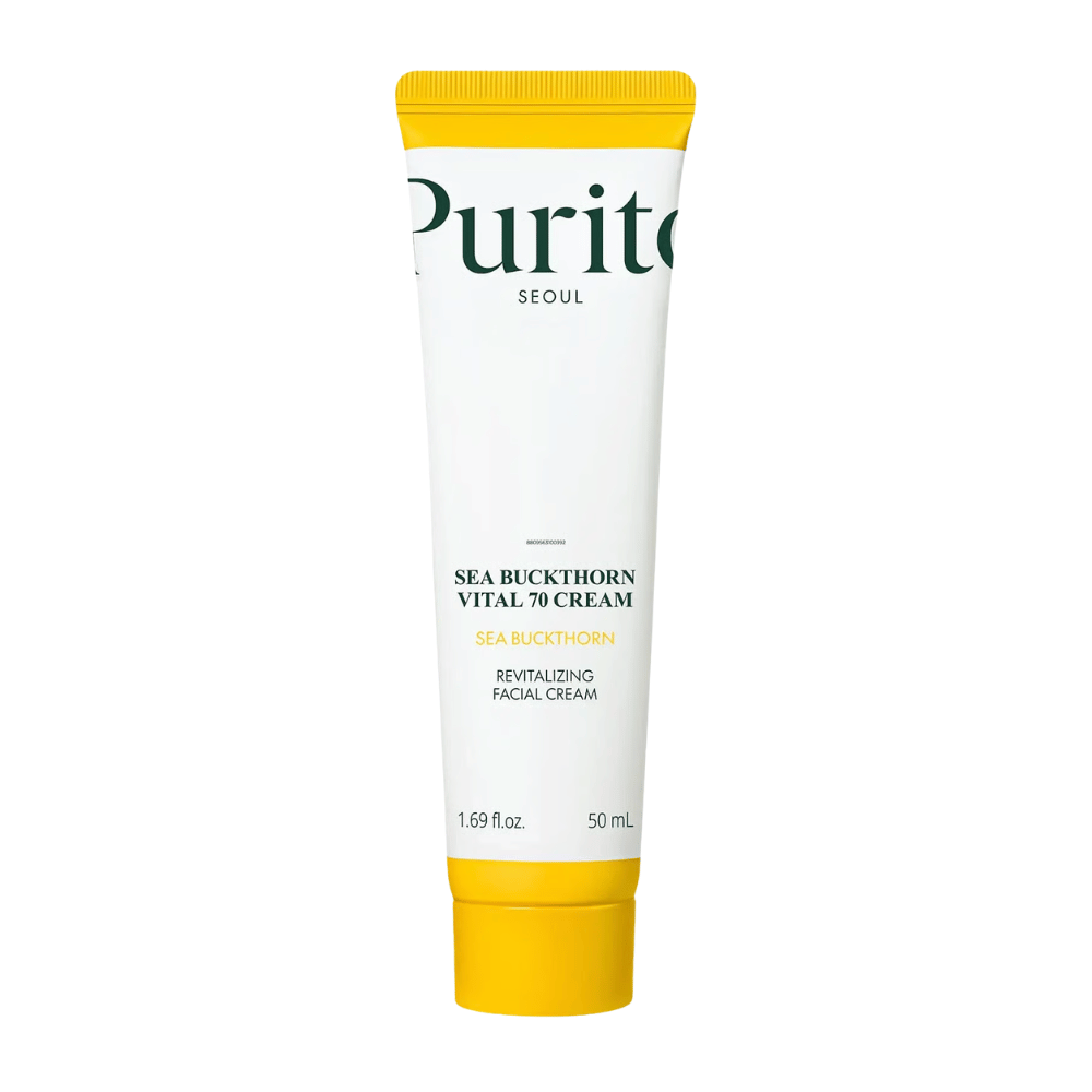 2. Purito SEOUL Sea Buckthorn Vital 70 Cream 50 ml – crema viso idratante con il 70% di estratto di olivello spinoso in tubo bianco con tappo giallo su sfondo bianco