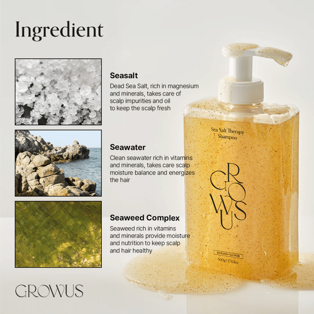 Ingredienti in GROWUS Sea Salt Therapy Shampoo con sale marino, acqua di mare e complesso di alghe marine per il cuoio capelluto