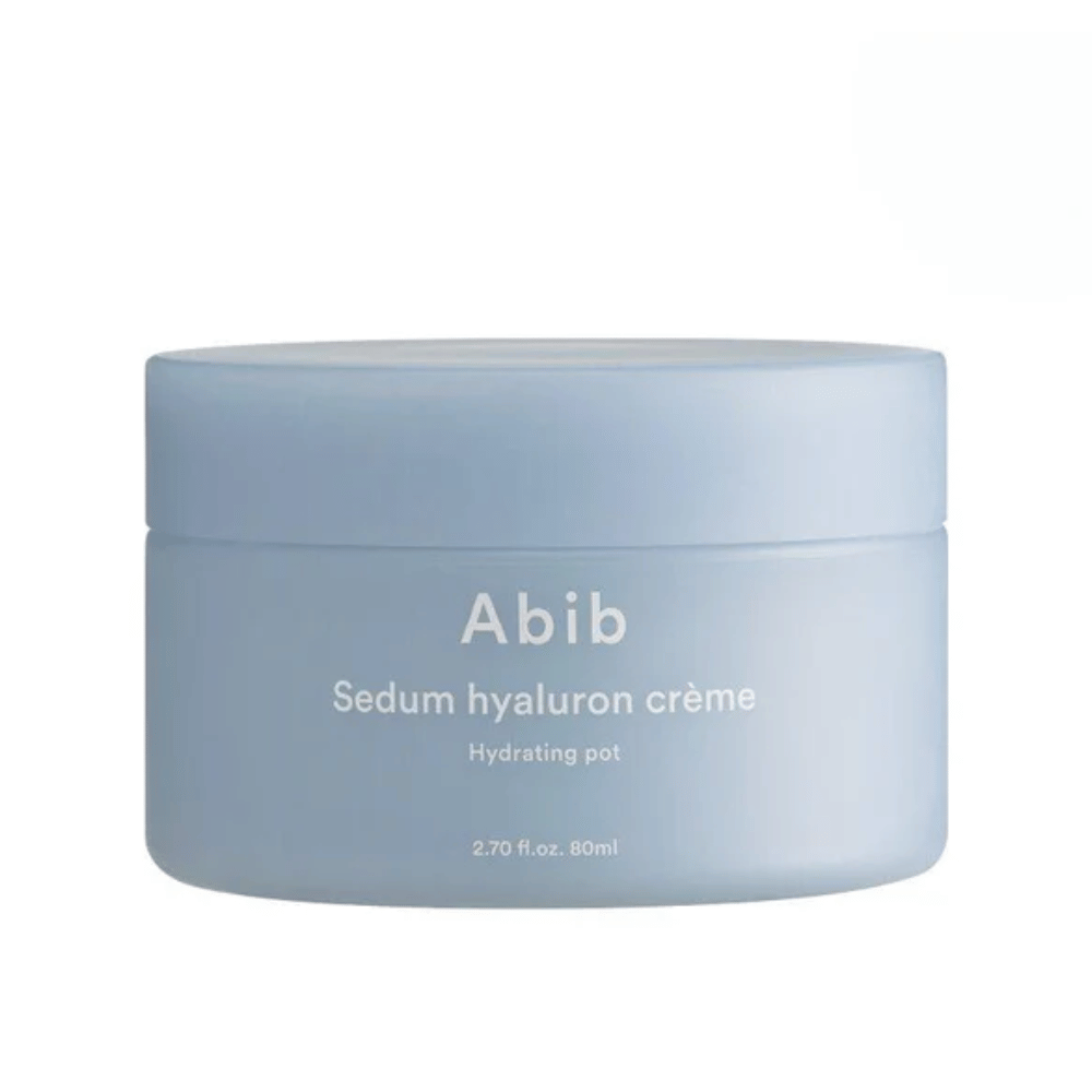 Abib Sedum Hyaluron Crème Hydrating Pot 80 ml in un barattolo rotondo elegante, azzurro chiaro con testo bianco.