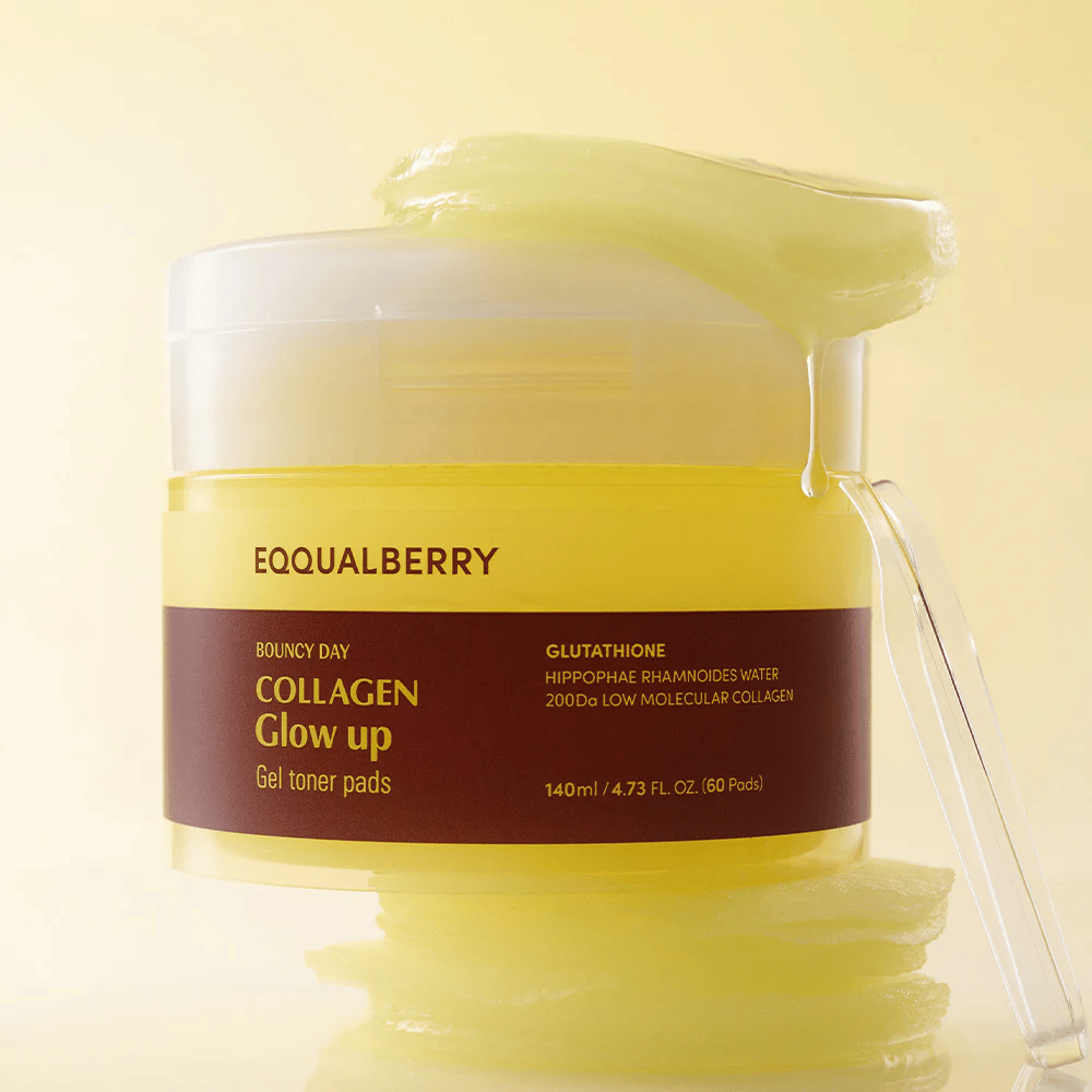 Bouncy Day Collagen Glow up Gel Toner Pads che contiene collagene a basso peso molecolare e glutatione per dare alla pelle un bagliore sano e idratazione.
