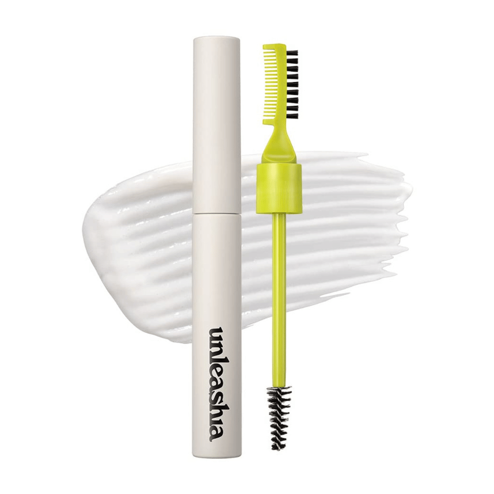 Pomata per sopracciglia "unleashia" con applicatore, pettine verde e spazzola nera su uno sfondo bianco ondulato.