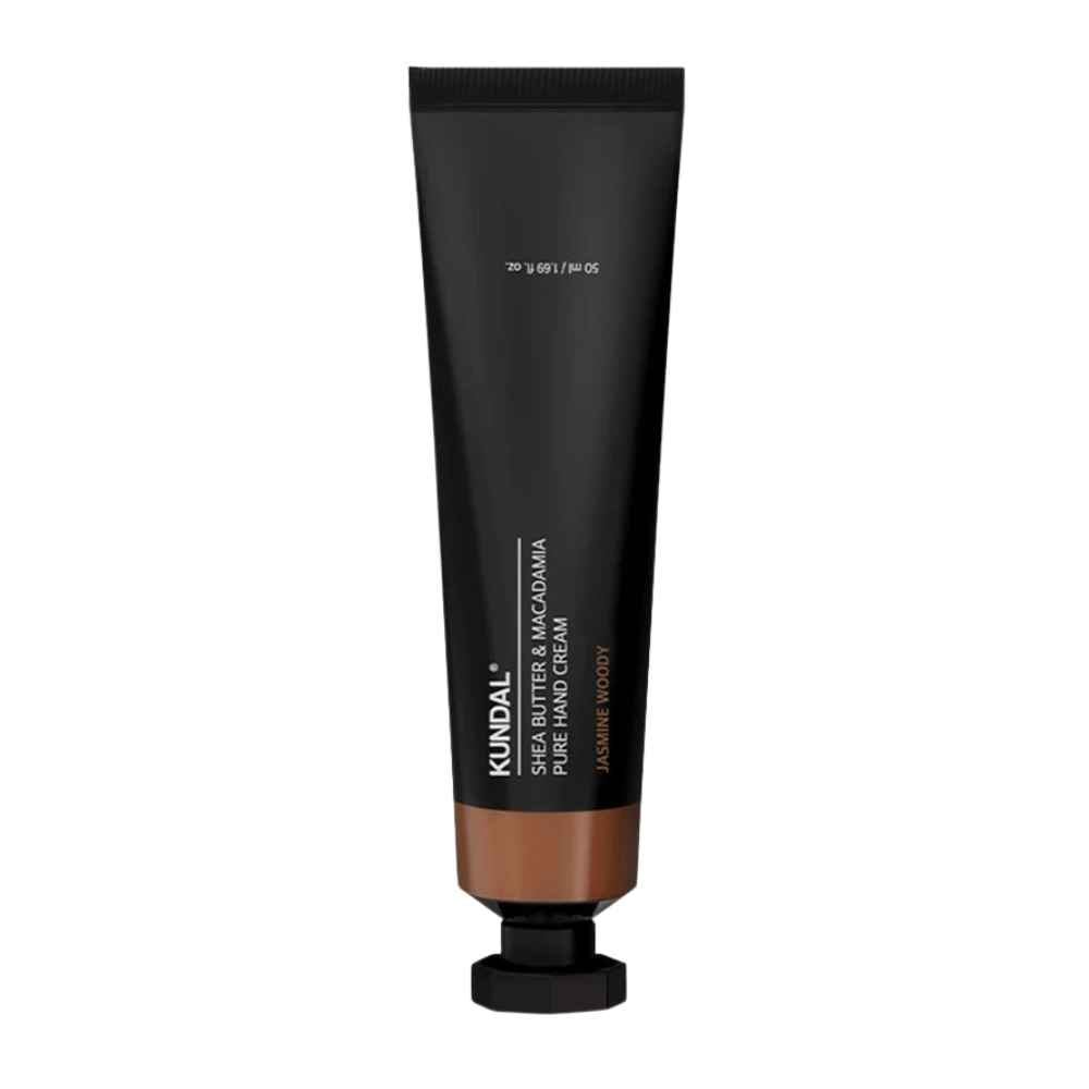 KUNDAL Shea Butter & Macadamia Pure Hand Cream Jasmine Woody su sfondo bianco – crema mani intensamente idratante con burro di karité e macadamia per la cura quotidiana delle mani.