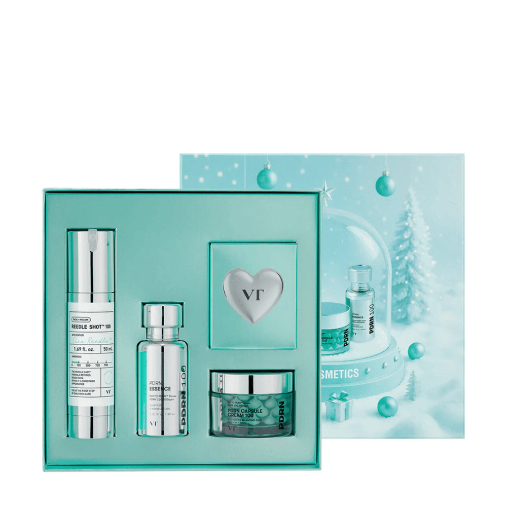 VT Cosmetics Shining Holiday Set – elegante confezione regalo con Reedle Shot 100, PDRN Essence, PDRN Capsule Cream e portachiavi.