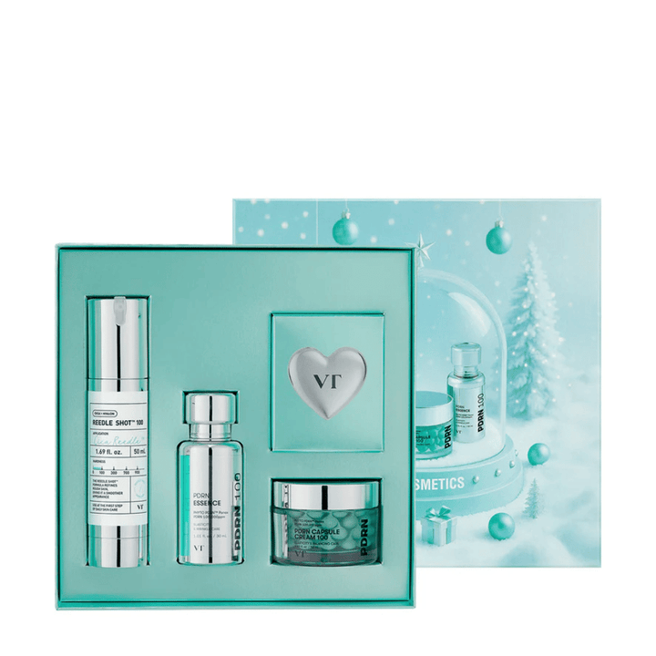 VT Cosmetics Shining Holiday Set – elegante confezione regalo con Reedle Shot 100, PDRN Essence, PDRN Capsule Cream e portachiavi.