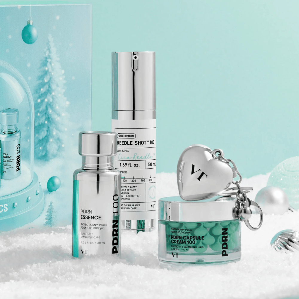 VT Cosmetics Shining Holiday Set – kit di lusso per la cura della pelle con PDRN Essence, Reedle Shot 100 e PDRN Capsule Cream in design ispirato all'inverno.