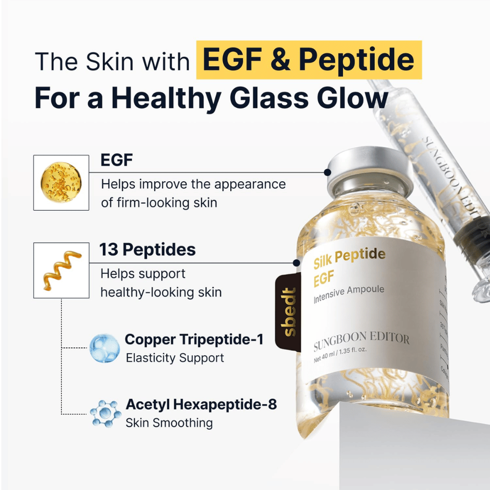 Silk Peptide EGF Intensive Ampoule contiene EGF, 13 peptidi, nonché rame tripeptide-1 e acetil esapeptide-8 che insieme aiutano a sostenere l’elasticità della pelle, migliorare l’aspetto della pelle e donare una luminosità naturale.