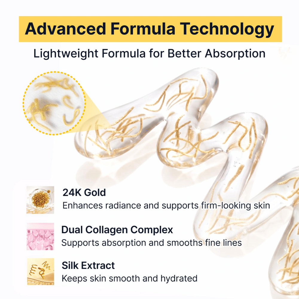 Silk Peptide EGF Intensive Ampoule combina oro 24K, estratto di seta e un complesso di doppio collagene per donare alla pelle luminosità, idratazione e una sensazione di maggiore compattezza, mentre la formula leggera si assorbe rapidamente.