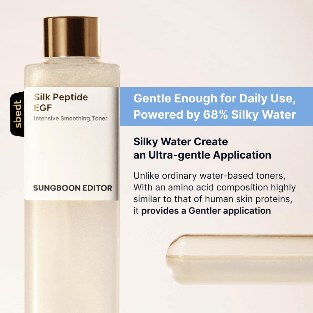 SUNGBOON EDITOR Silk Peptide EGF Intensive Smoothing Toner – tonico viso delicato con il 68% di silky water per uso quotidiano