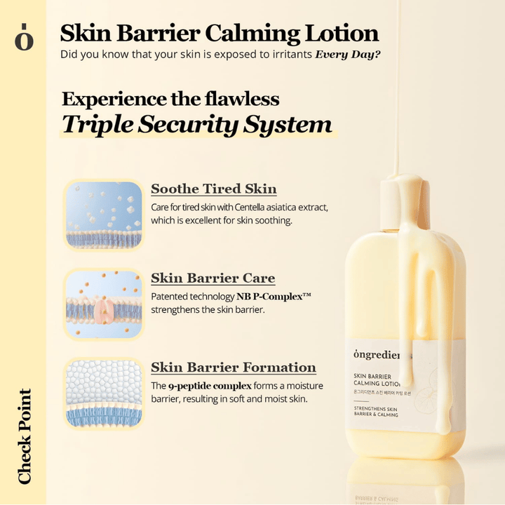 Ongredients Skin Barrier Calming Lotion con Centella Asiatica e peptidi che leniscono la pelle, rafforzano la barriera cutanea e forniscono un'idratazione di lunga durata.
