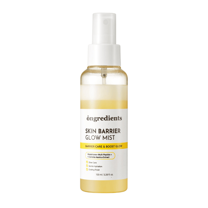 Ongredients Skin Barrier Glow Mist spray viso con formula a doppio strato che idrata la pelle, rinforza la barriera cutanea e dona una luminosità naturale.
