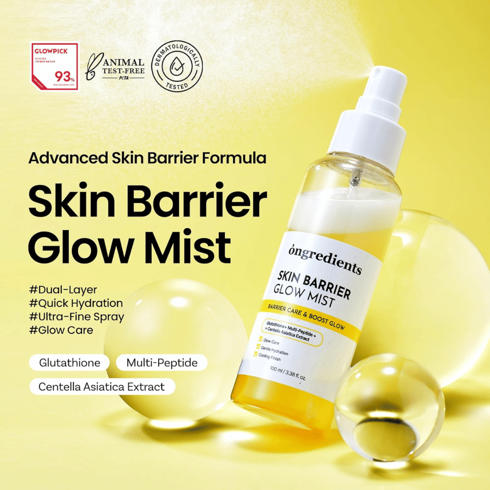 Ongredients Skin Barrier Glow Mist spray viso da 100 ml con ceramidi, peptidi e Centella Asiatica per idratazione ed effetto rinforzante sulla barriera cutanea.