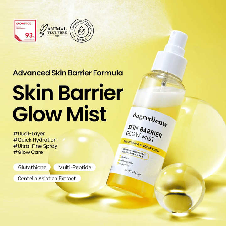 Ongredients Skin Barrier Glow Mist spray viso da 100 ml con ceramidi, peptidi e Centella Asiatica per idratazione ed effetto rinforzante sulla barriera cutanea.