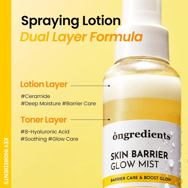 Ongredients Skin Barrier Glow Mist spray viso a doppio strato con acido ialuronico e ceramidi che offre un'idratazione profonda e protegge la barriera cutanea.