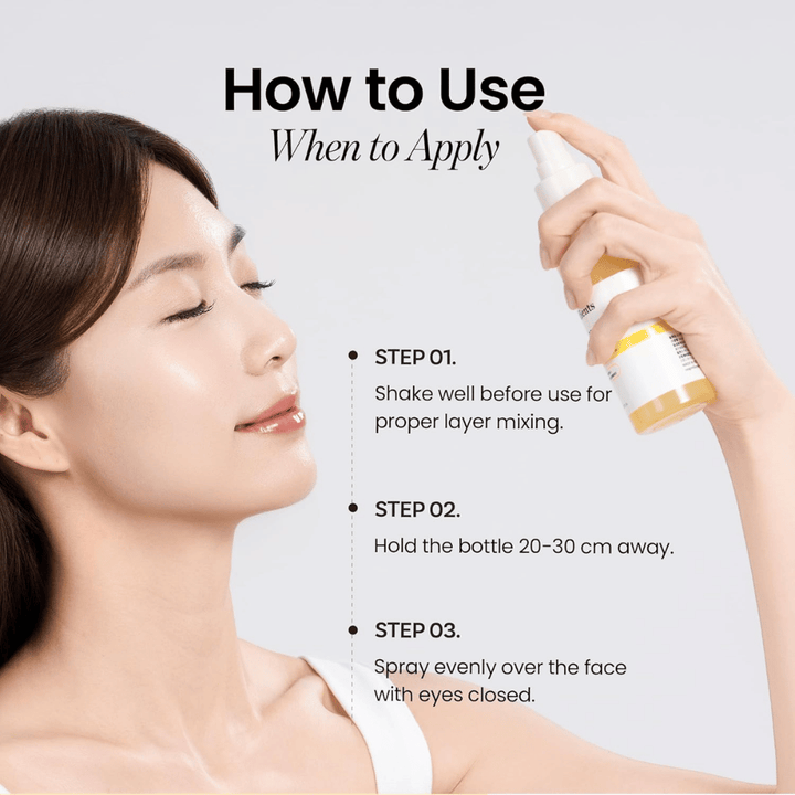 Ongredients Skin Barrier Glow Mist si usa come spray viso a 20–30 cm dalla pelle per un'idratazione rapida, luminosità e freschezza durante la giornata.