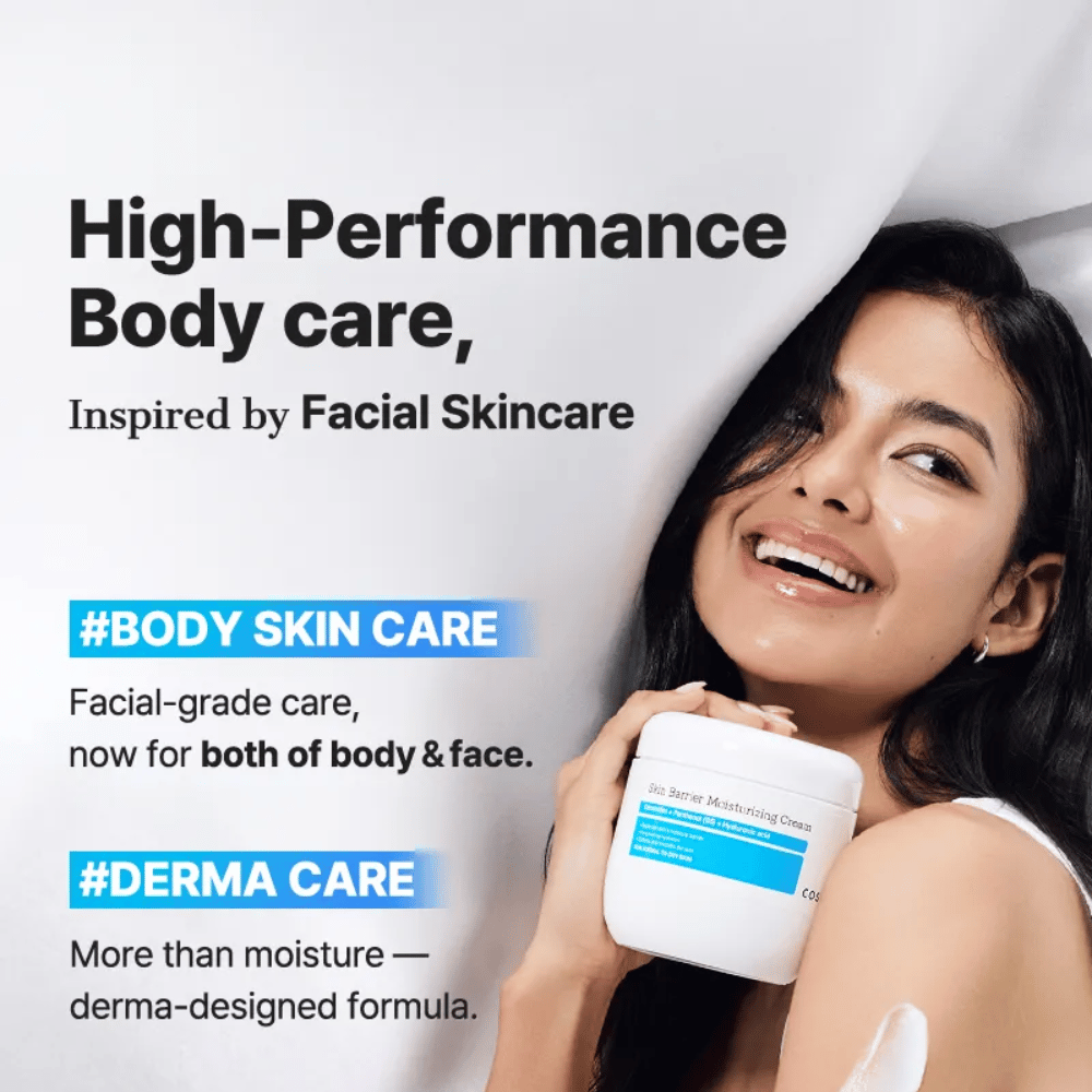 Donna con COSRX Skin Barrier Cream – potente cura del corpo con qualità di cura del viso e formula derma.