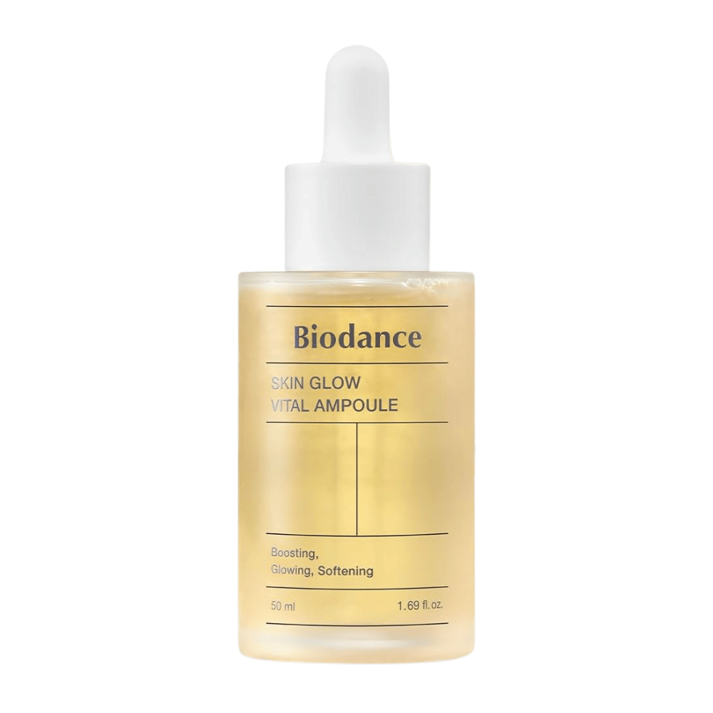 Bottiglia con Biodance Skin Glow Vital Ampoule, un'ampolla per il viso che potenzia, illumina e ammorbidisce la pelle. Contiene 50 ml ed è progettata per dare alla pelle una sensazione radiosa e vitalizzata.