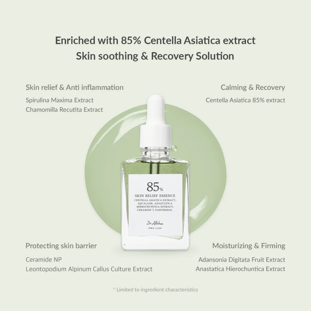 Dr. Althea Skin Relief Essence è arricchito con l'85% di estratto di Centella Asiatica e offre una cura lenitiva e riparatrice. Contiene ingredienti antinfiammatori come spirulina e camomilla, ceramidi per rafforzare la barriera cutanea ed estratti idratanti di baobab e anastatica. Perfetto per pelli sensibili, arrossate e stressate.