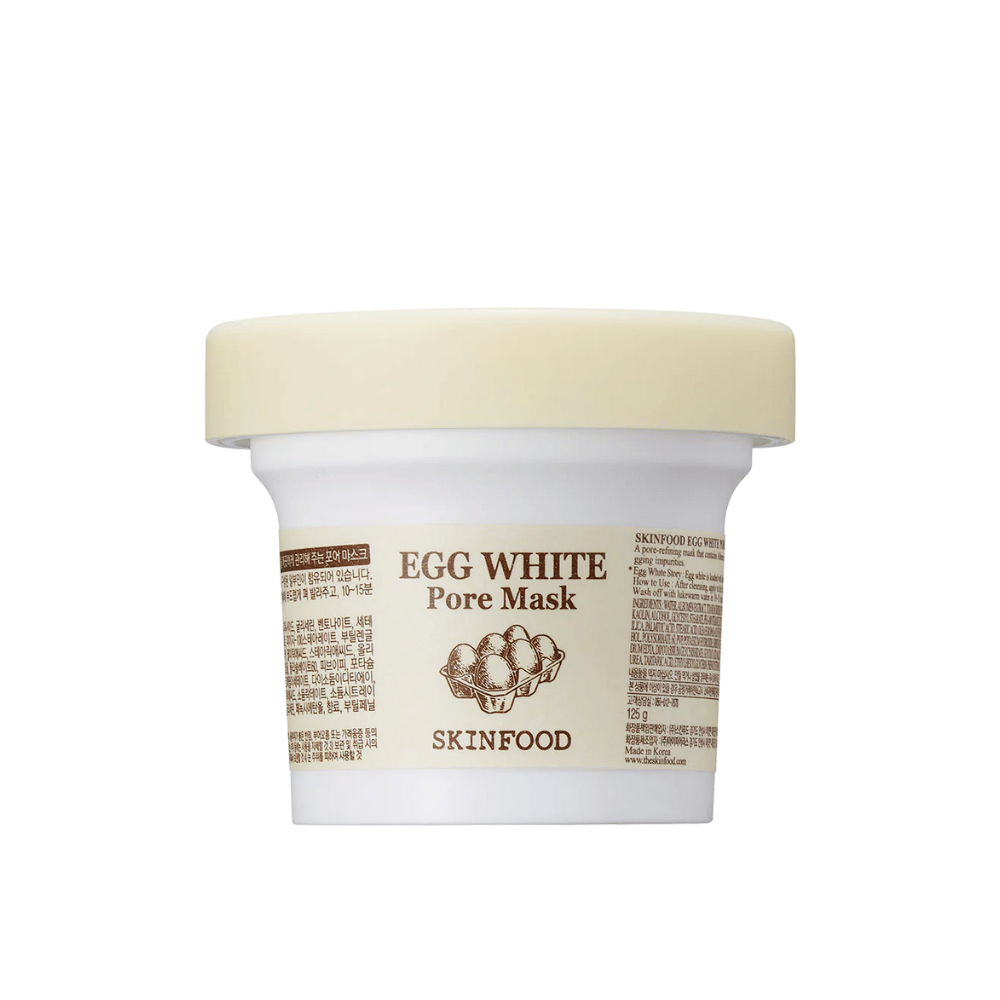 EN SKINFOOD Egg White Pore Mask 120g su sfondo bianco, progettato per la pulizia dei pori e il miglioramento della pelle.