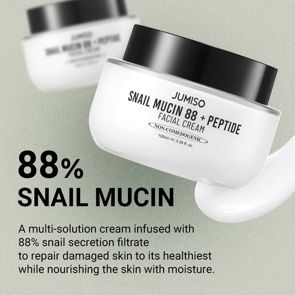 JUMISO Snail Mucin 88 + Peptide Facial Cream con 88% di filtrato di bava di lumaca, progettata per riparare la pelle danneggiata e idratare in profondità. Il testo sull'immagine descrive le sue proprietà rigeneranti e idratanti.