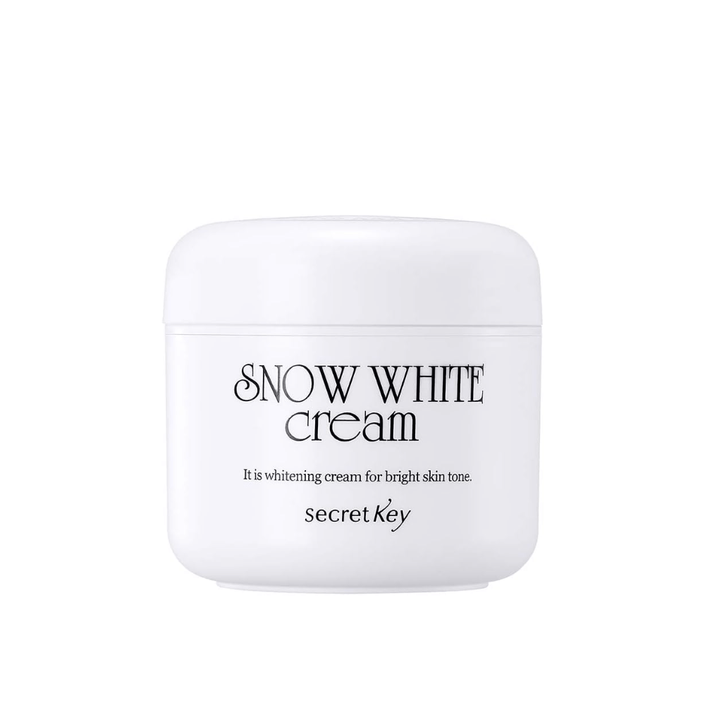 Immagine del prodotto di Secret Key Snow White Cream in un barattolo bianco con testo nero su sfondo bianco.