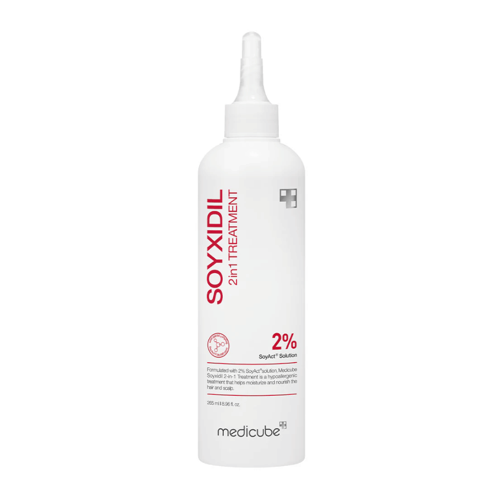 Immagine del prodotto di Medicube Soyxidil 2in1 Treatment in una bottiglia bianca con testo rosso. Contiene il 2% di SoyAct™ Solution per rafforzare capelli e cuoio capelluto.