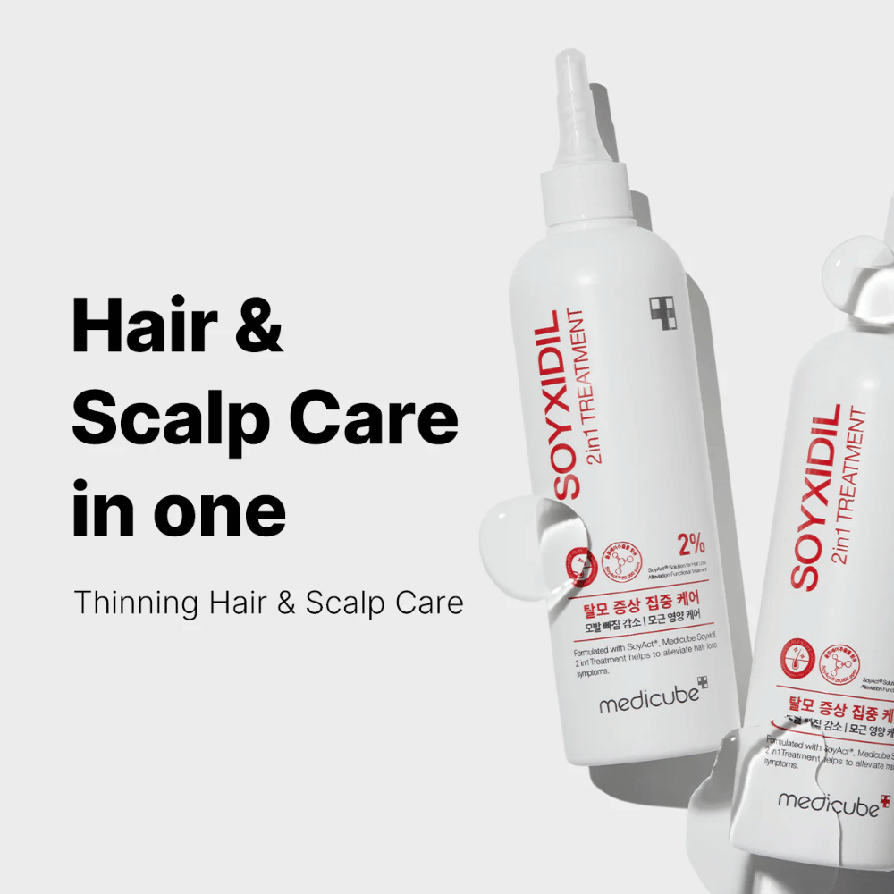 Medicube Soyxidil 2in1 Treatment viene mostrato con il testo 'Cura dei Capelli & Cuoio Capelluto in uno – Cura per Capelli Sottili & Cuoio Capelluto'. Per capelli più forti e cuoio capelluto più sano.