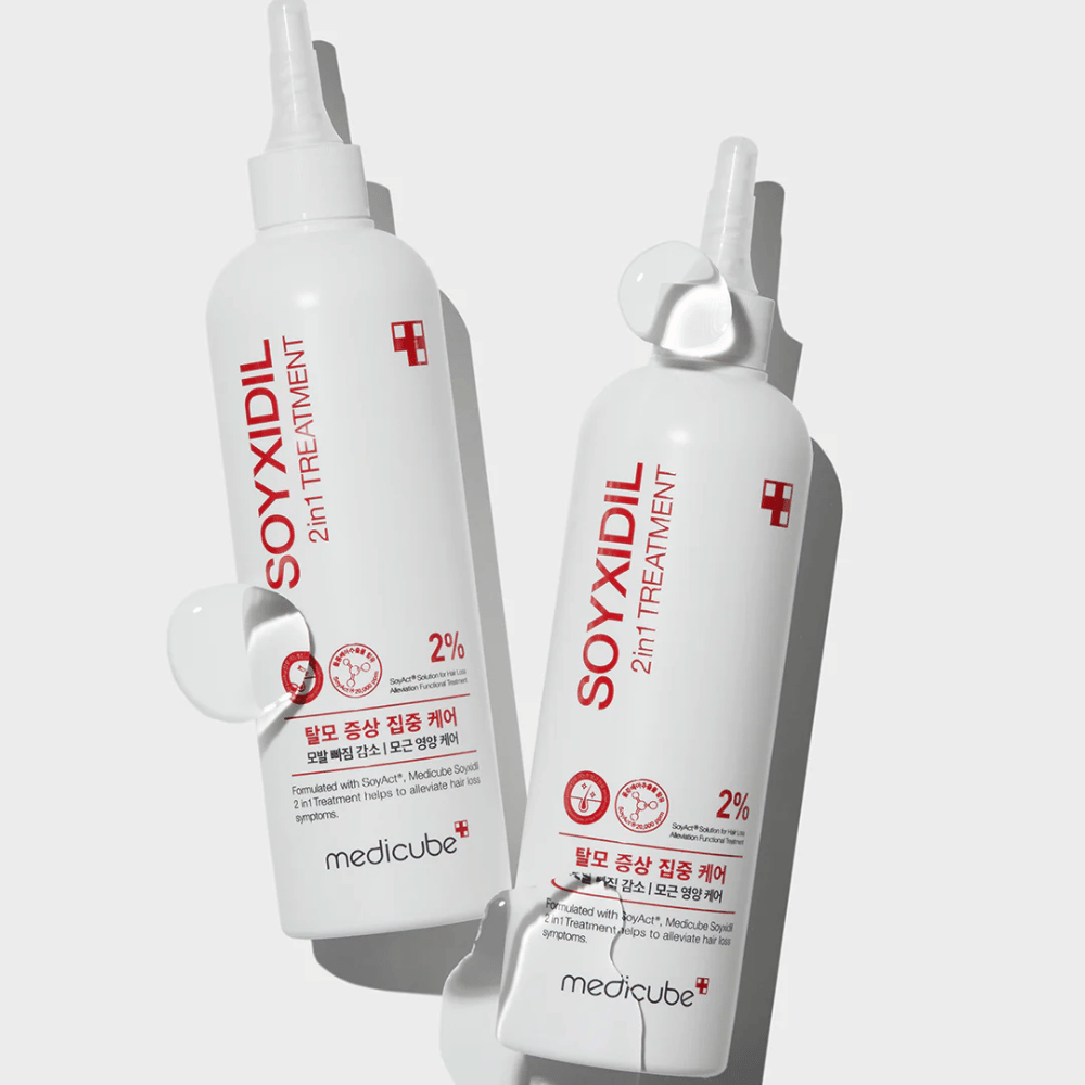 Due bottiglie di Medicube Soyxidil 2in1 Treatment con testo chiaro '2% SoyAct™ Solution'. Trattamento curativo contro la caduta dei capelli e il cuoio capelluto secco.