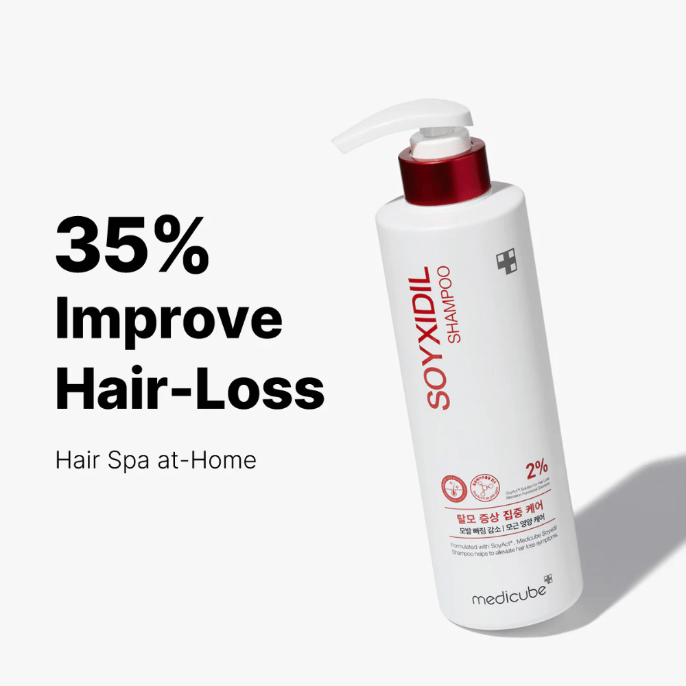 Medicube Soyxidil Shampoo mostrato con il testo: '35% Miglioramento della perdita dei capelli - Hair Spa a casa'. Shampoo per la caduta dei capelli e cuoio capelluto sano.