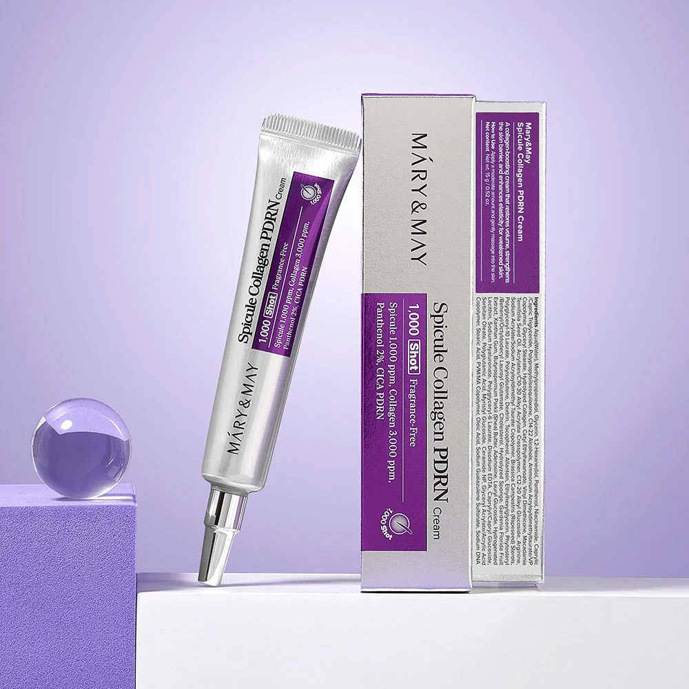 Mary & May Spicule Collagen PDRN Cream accanto alla confezione originale, crema viso rigenerante con collagene, PDRN e spicule.