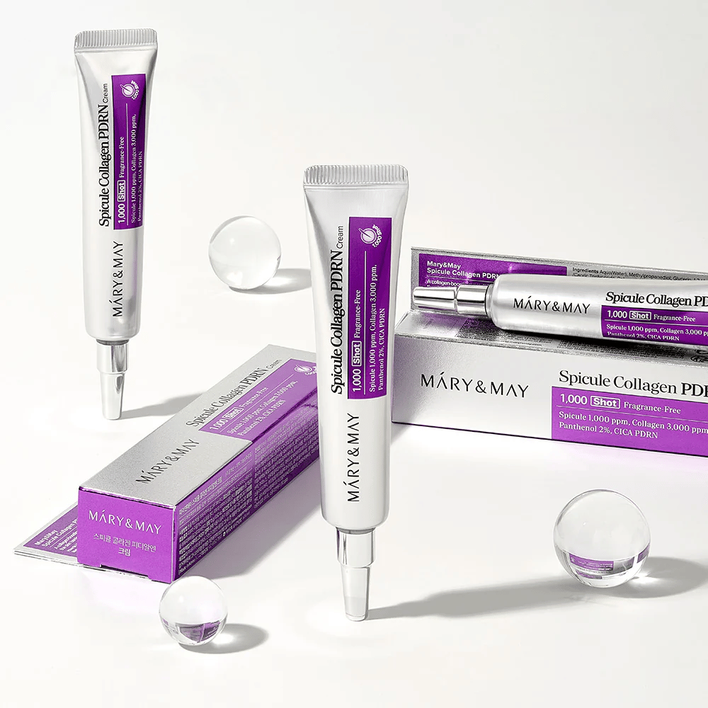 Mary & May Spicule Collagen PDRN Cream in tubo con confezione, cura della pelle coreana con spicule, collagene e PDRN per il rinnovamento della pelle e miglioramento dell'elasticità.