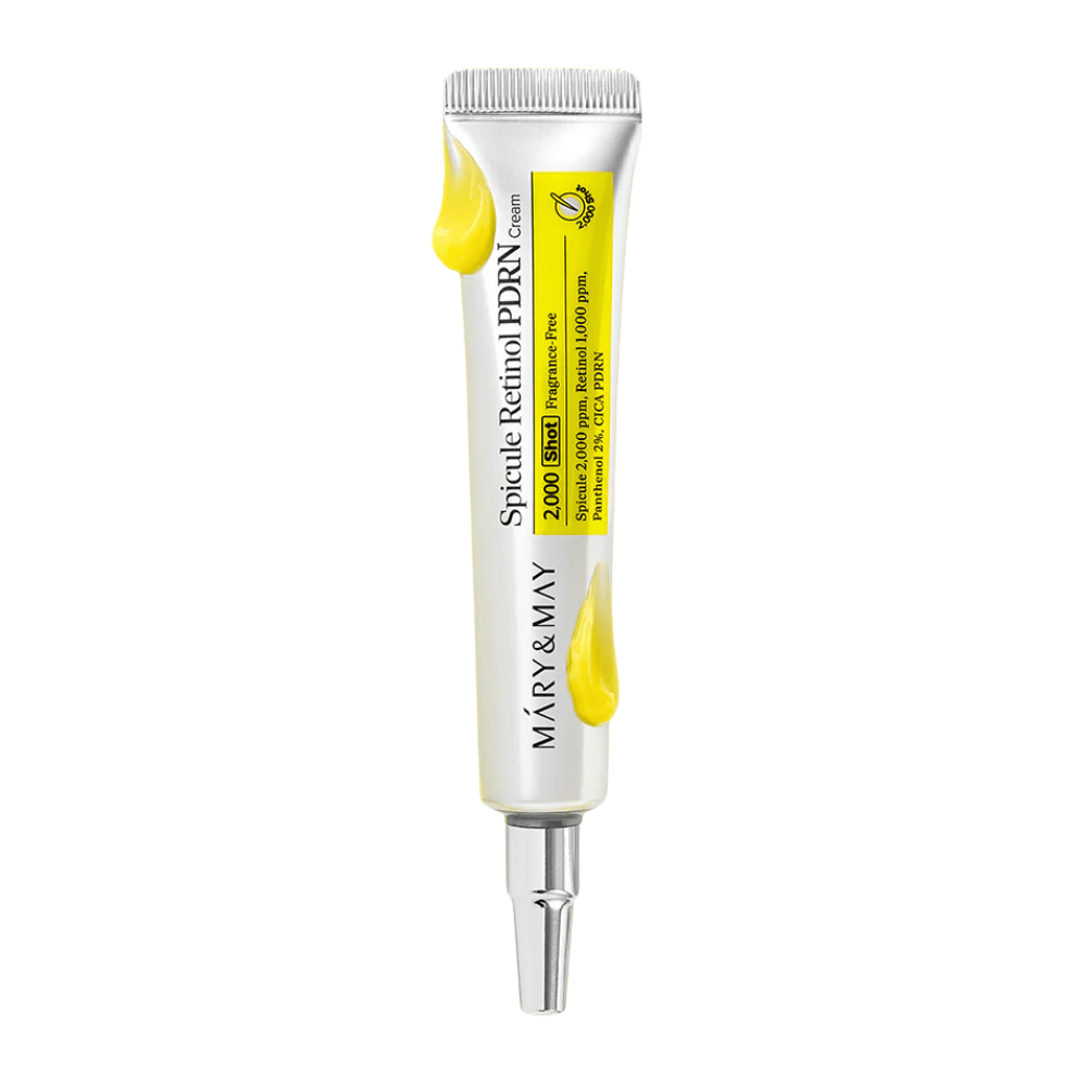 Immagine del prodotto di MARY & MAY Spicule Retinol PDRN Cream in tubo su sfondo bianco, una crema viso attiva con retinolo e PDRN adatta per pelle matura e irregolare.