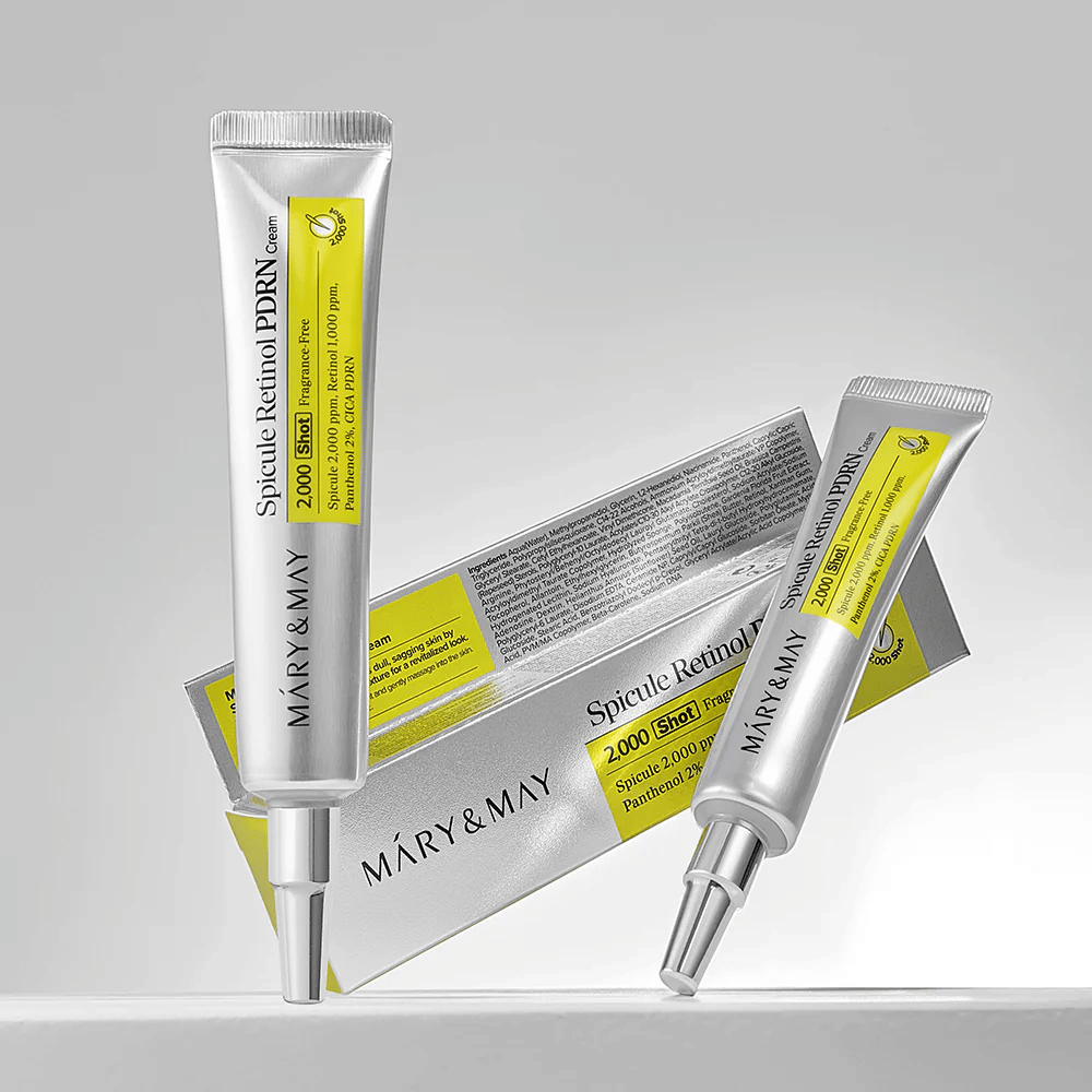 MARY & MAY Spicule Retinol PDRN Cream in tubo con confezione originale, una crema viso coreana con retinolo e PDRN che supporta la rigenerazione della pelle.