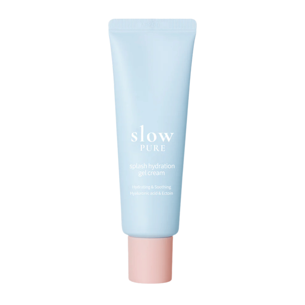 Slow Pure Splash Hydration Gel Cream i blå tub med rosa kork, återfuktande gelkräm med hyaluronsyra och ectoin.