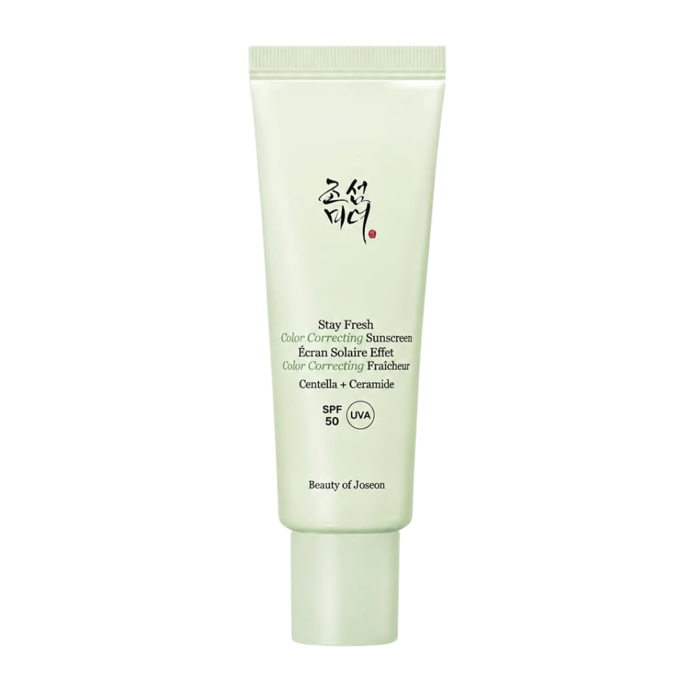 5. Beauty of Joseon Stay Fresh Color Correcting Sunscreen SPF 50 – crema solare correttiva del colore verde su sfondo bianco