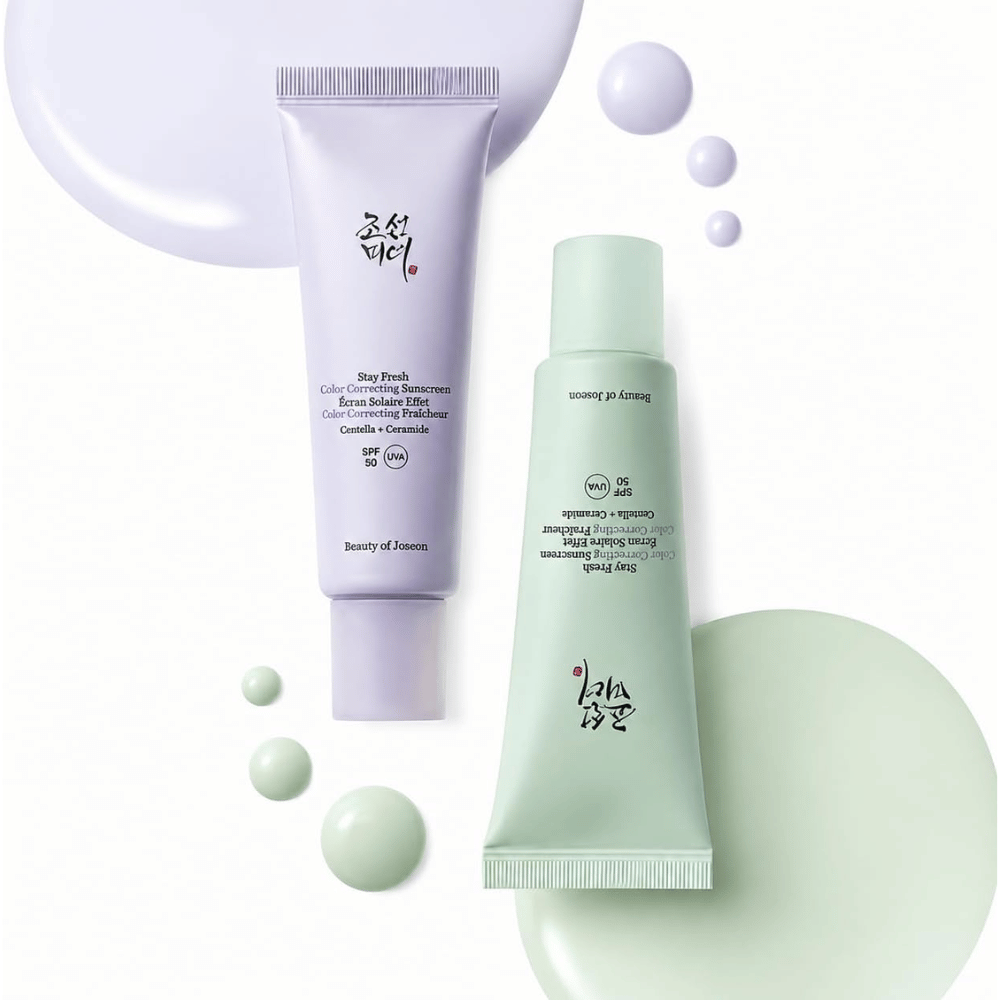 3. Beauty of Joseon Stay Fresh Color Correcting Sunscreen SPF 50 – crema solare verde e viola con campioni di colore