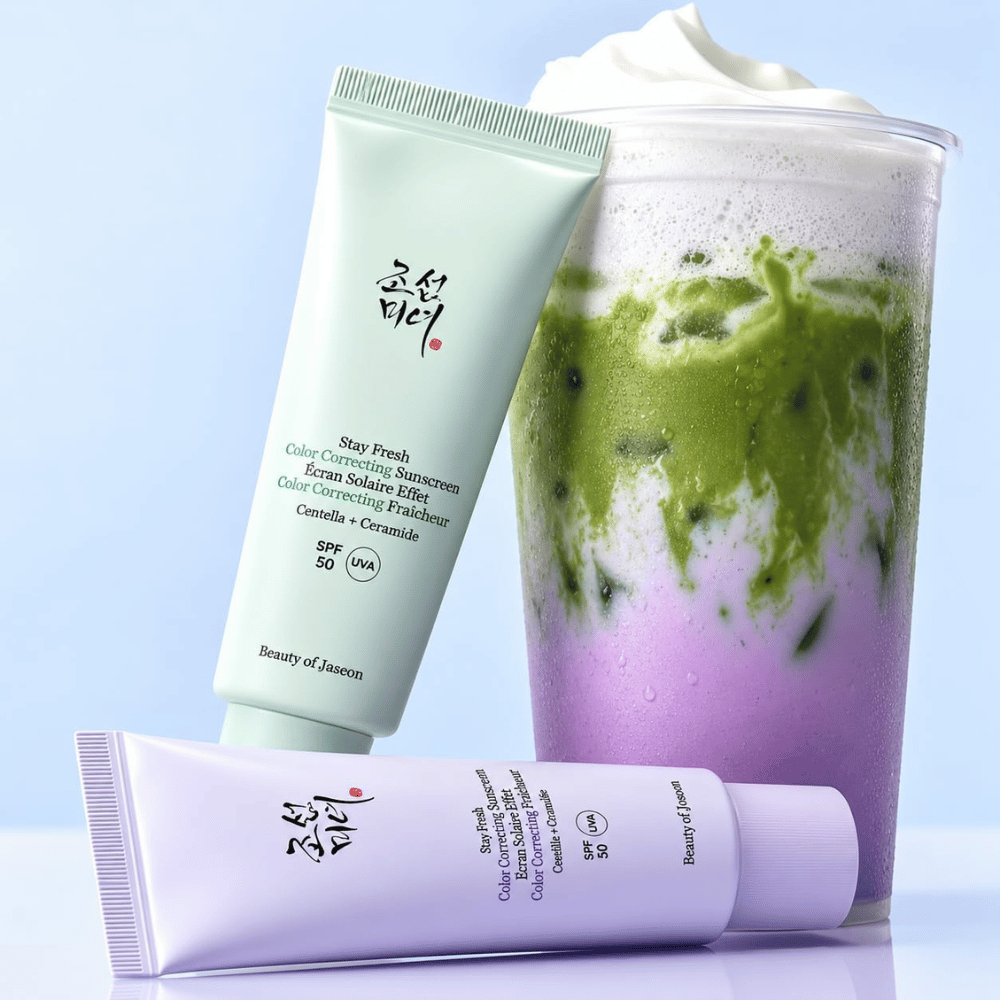 1. Beauty of Joseon Stay Fresh Color Correcting Sunscreen SPF 50 – crema solare verde e viola con bevanda abbinata