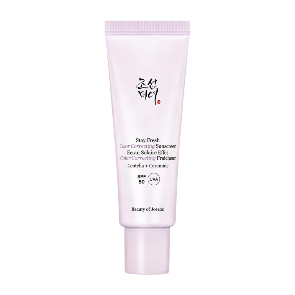 4. Beauty of Joseon Stay Fresh Color Correcting Sunscreen SPF 50 – crema solare correttiva del colore viola su sfondo bianco