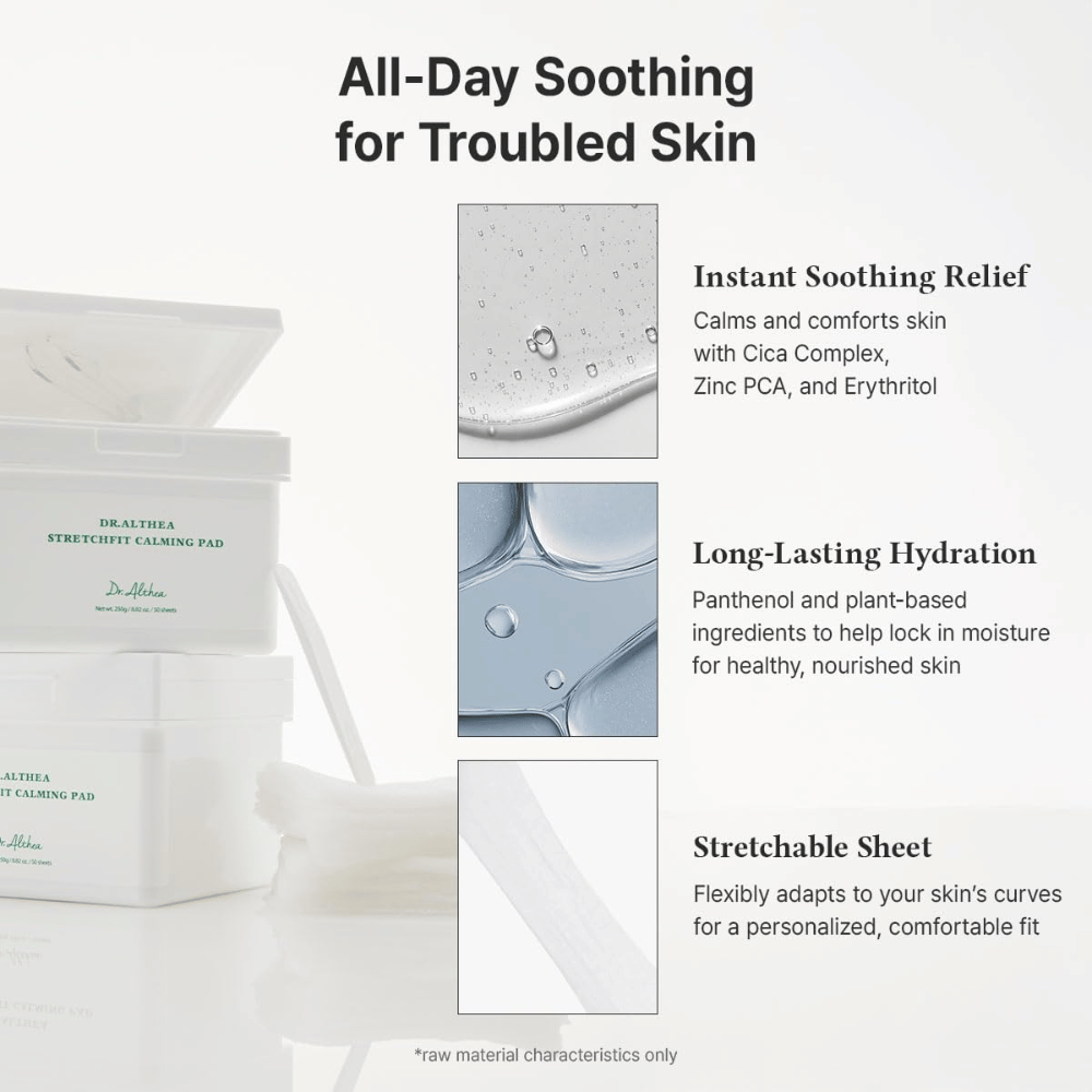 Immagine – effetto / benefici (conversione)
Dr. Althea Stretchfit Calming Pad che garantiscono un’idratazione a lunga durata, riducono l’irritazione e rinfrescano la pelle sensibile per tutto il giorno.