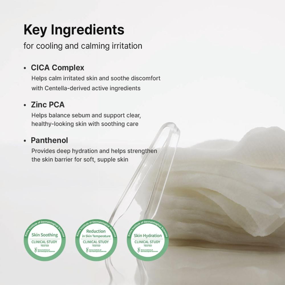 Immagine – ingredienti (EEAT + SEO)
Dr. Althea Stretchfit Calming Pad con CICA Complex, Zinc PCA e Pantenolo che leniscono la pelle, bilanciano il sebo e rafforzano la barriera cutanea.