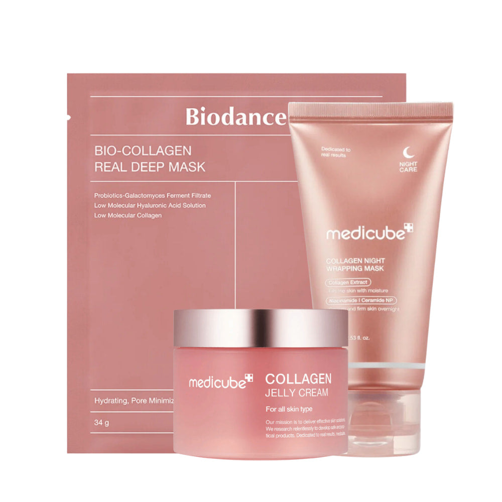 Il set di prodotti "Sweet Dreams Skincare" di Medicube, progettato per migliorare la compattezza e la luminosità della pelle durante la notte. Include "Collagen Jelly Cream", "Collagen Night Wrapping Mask" e "Bio-Collagen Real Deep Mask". Questi prodotti sono arricchiti con collagene, probiotici e acido ialuronico, e sono destinati a idratare e minimizzare i pori, donando una pelle morbida e liscia.