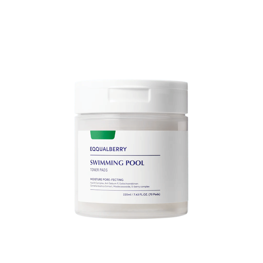Immagine del prodotto di Equalberry Swimming Pool Toner Pads – 70 tamponi idratanti e raffinanti per i pori con ingredienti vegani per una pelle fresca ed equilibrata.