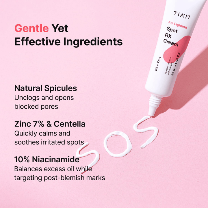 TIA'M AC Fighting Spot RX Cream med zink, niacinamid och centella – lugnar, balanserar talg och reducerar röda fläckar.